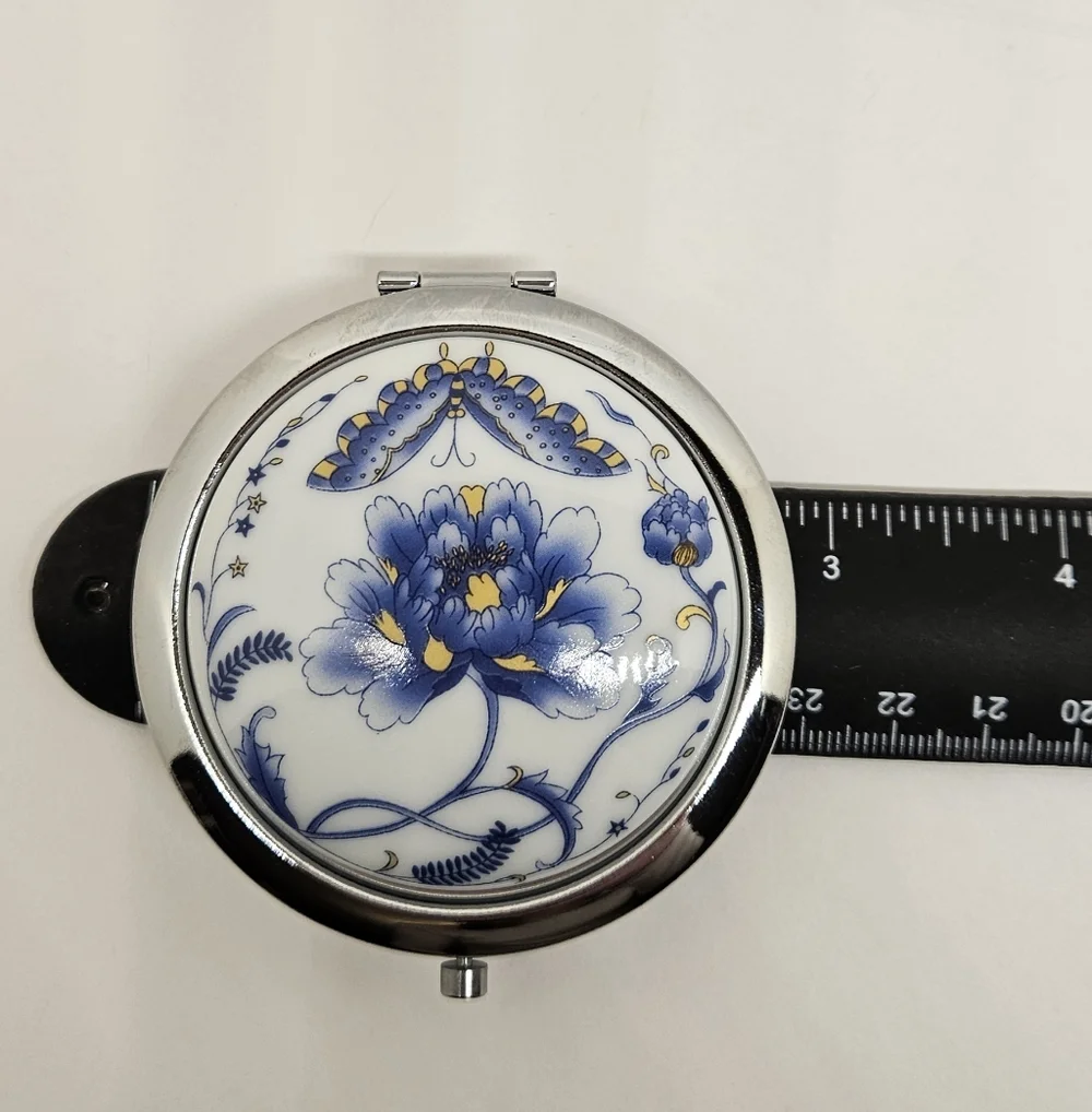 Flower Butterfly Compact Mirror Genuine Porcelain Blue White Make Up
